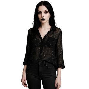 Womens Sheer Blouse S Black Button Up Goth Festival Star Print Crinkle Tunic Top